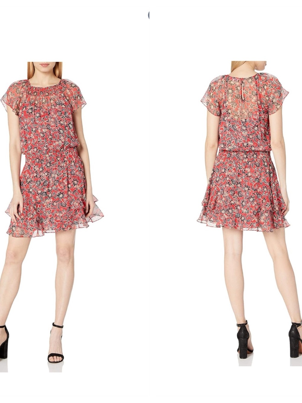Parker Red Floral Midi Dress with Black and Cream Accents SIZE US M